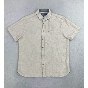 32 Bar Blues Shirt Mens Large Beige Stripe Short Sleeve Linen Button Up Casual